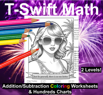 Preview of Taylor Swift Math: Addition/Subtraction Coloring Art & Hundreds Charts (2 Lvls)