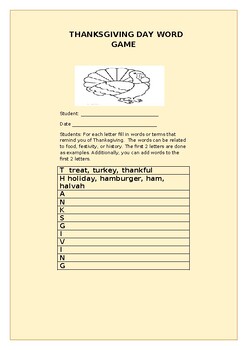 Preview of TURKEY WORD GAME/ A VOCABULARY WORKOUT/  GRS. 3-6, ELA & ESL/NO PREP