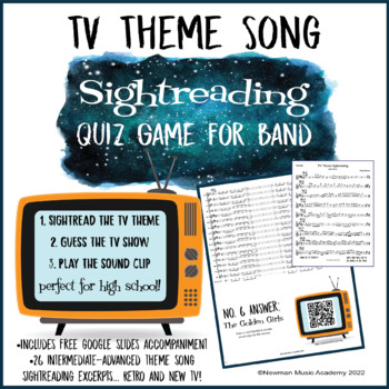 Preview of TV Theme Song Sightreading Quiz Game for Band: Score, Parts, and Listening Links