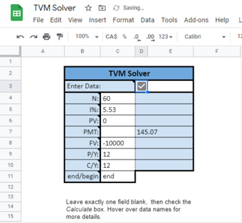 Preview of TVM Solver and Loan Payment Calculator - Google Sheets Version