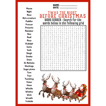 TWAS THE NIGHT BEFORE CHRISTMAS word search puzzle worksheet activity
