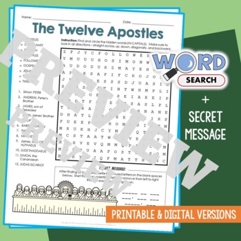 Preview of TWELVE APOSTLES Word Search Puzzle Activity Vocabulary Worksheet Secret Message