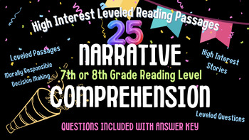 Preview of TWENTY FIVE High Interest 7th or 8th Gr. Narrative Passages w/Leveled Questions