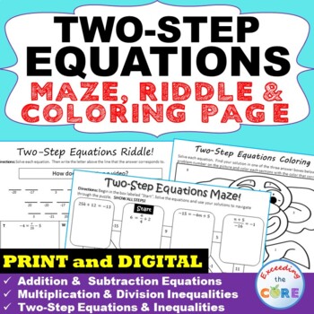Preview of TWO-STEP EQUATIONS Maze, Riddle, Coloring | Google Classroom | Print or Digital