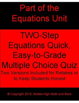 Preview of TWO-Step Equations Multiple Choice Quiz, Two Versions, Digital Copy Included