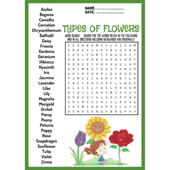 TYPES OF FLOWERS bundle - word search & word scramble & crossword