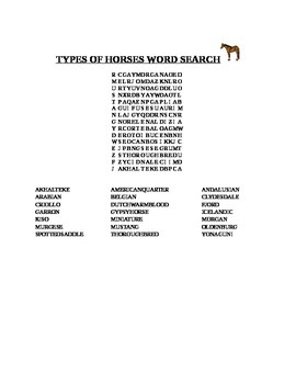 Preview of TYPES OF HORSES WORD SEARCH