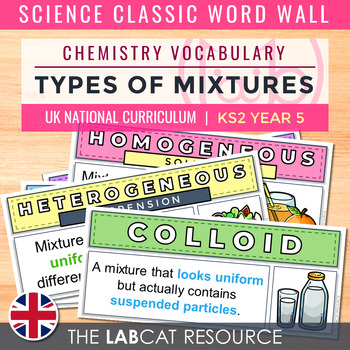 Preview of TYPES OF MIXTURES | Science Classic Word Wall (Chemistry Vocabulary) [UK]