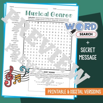 Preview of TYPES of MUSIC GENRE Word Search Puzzle Activity Worksheet Secret Message