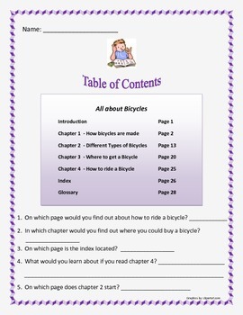 Table Of Contents Worksheet Grade 3