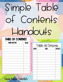 Preview of Table of Contents Handouts for Interactive Journals
