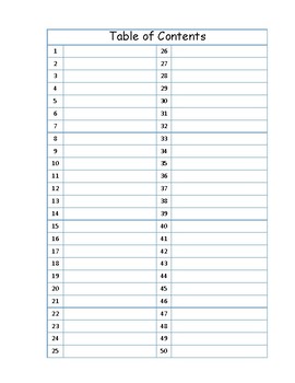 Preview of Numbered Table of Contents Interactive Notebook- fits composition books