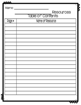 Table of Contents Page For Student Resource Binder by Pink Love and