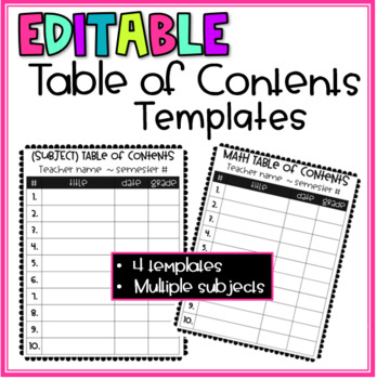 Preview of Table of Contents Templates- EDITABLE