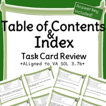 Preview of Table of Contents and Indices Task Cards