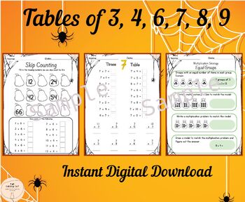 Preview of Tables of 3, 4, 6, 7, 8, 9/ 3rd Grade Halloween Multiplication Worksheets