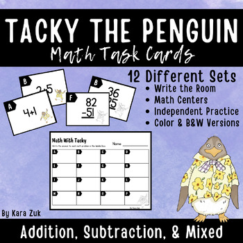 Preview of Tacky the Penguin Math Task Cards | Write the Room | Math Centers