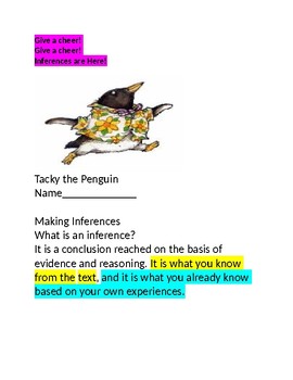 Preview of Tacky the Penguin and Froggy's First Kiss Making Inferences Booklet