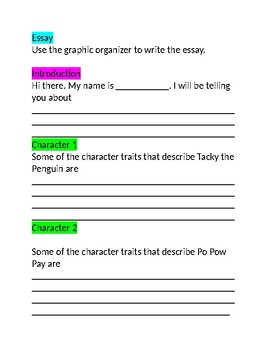 Tacky the Penguin and Po Pow Pay Character Traits and Essay /NJSLA