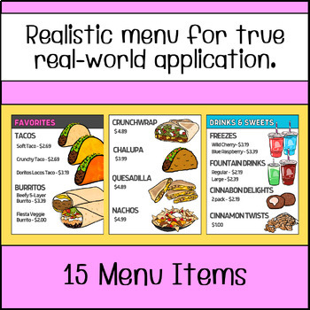 Taco Bell Menu Math By Diane Teaches Teachers Pay Teachers