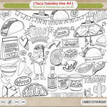 Preview of Taco Tuesday Black Line Art, Cinco de mayo celebration, Fiesta Outline Clip Art