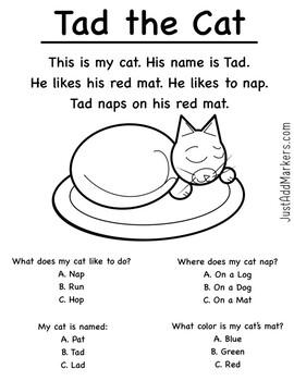 Tad the Cat CVC Reader and Comprehension by Just Add Markers | TPT