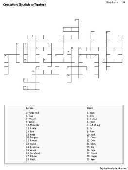 Preview of Tagalog Vocabulary CrossWord and Word Search (Body Parts)