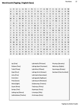 Preview of Tagalog Vocabulary CrossWord and Word Search (Numbers)