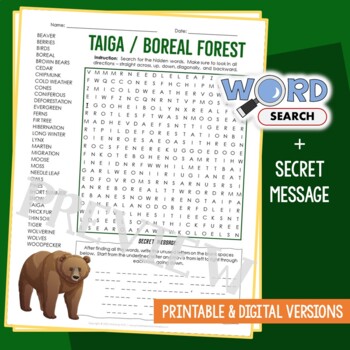 Preview of Biome/Ecosystem: Taiga Coniferous Forest Word Search Habitat Activity Worksheet