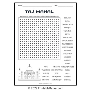 Taj Mahal Word Search Puzzle No Prep Activity Printable PDF by