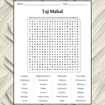 Taj Mahal Word Search Puzzle Worksheet Activity by Word Search Corner