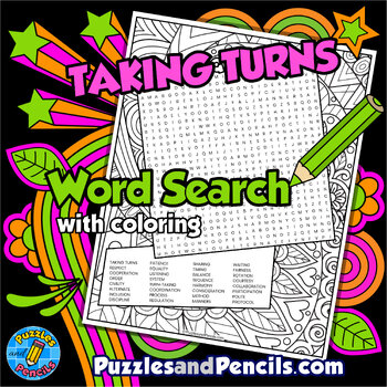 Preview of Taking Turns Word Search Puzzle with Coloring Activity | Social Skills