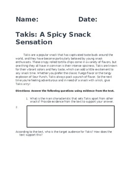 Preview of Takis Reading Comprehension