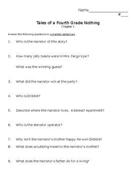 Tales Of A Fourth Grade Nothing Chapter Comprehension Questions By Mike Stanley