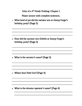 Tales Of A Fourth Grade Nothing Comprehension Questions Tpt