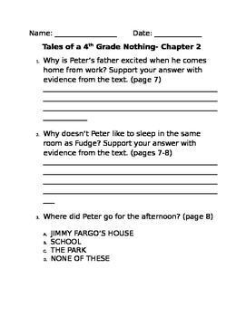 Tales Of A Fourth Grade Nothing Comprehension Questions Tpt