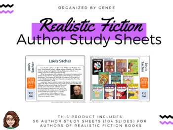 Preview of Realistic Fiction Author Study Sheets - Shelf Markers, PPT, Monthly Display