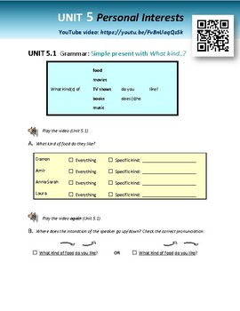 Preview of Talking about Personal Interests (simple present)-ESL YouTube video & worksheets
