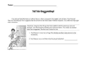 Preview of Tall Tale Worksheet: Writing Exaggerations - PAUL BUNYAN Focus - Coop Learning