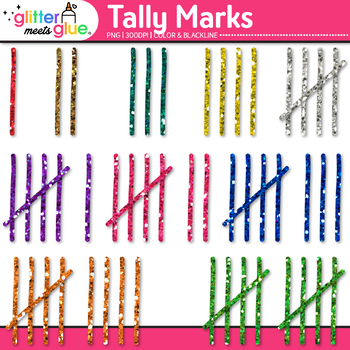 Preview of Tally Marks Clipart: 1 - 10 Rainbow Glitter Math Counting Number Clip Art PNG