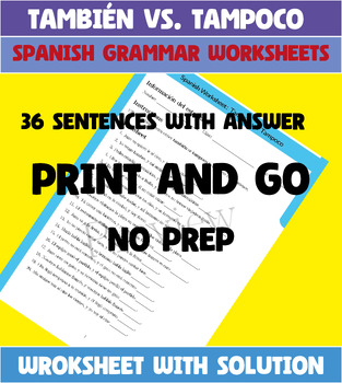 Preview of También vs. Tampoco Spanish Grammar Worksheets