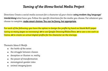 Preview of Taming of the Shrew Project: Create a Character's Social Media Profile!