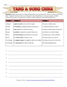 Preview of Tang and Song Dynasty China Sentence Review Worksheet