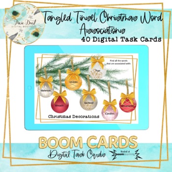 Preview of Tangled Tinsel Christmas Word Associations BOOM Cards – Speech Therapy Distance