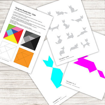 tangram puzzle with 12 cat pattern silhouettes printable pdf