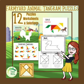 Preview of Tangram Puzzles 12 Farmyard Animals Full Color and B&W