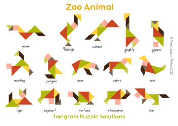 Tangram Puzzles 15 Fabulous Zoo Animals Full Color, B&W, Silhouette Incl!