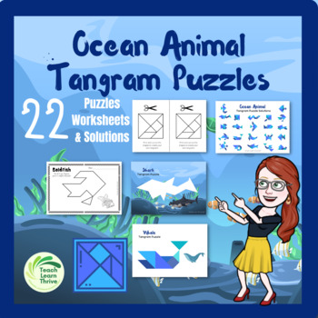 Preview of Tangram Puzzles 22 Fantastic Ocean Animals Full Color and B&W Solutions included