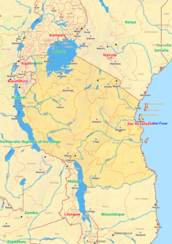 Preview of Tanzania map with cities township counties rivers roads labeled