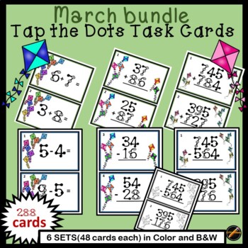 Preview of Tap the Dots Math Kite Task Cards March : Addition / Subtraction Bundle